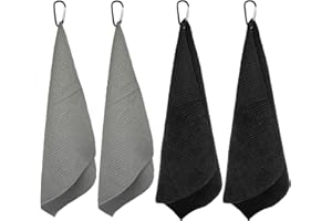 TSHAOUN 4 Pezzi Asciugamano da Golf in Microfibra, Asciugamano per Pulizia del Golf con Clip, Asciugamano Sportivo Pieghevole per Campo da Golf, Palestra, Campeggio, 30 * 30cm (Nero,Grigio)