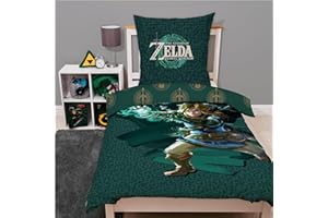 Familando The Legend of Zelda - Biancheria da letto per bambini e adolescenti, 135 x 200 cm, 80 x 80 cm, 100% cotone con chiusura lampo, motivo Tears of The Kingdom con link