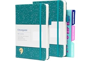 Ottergami Tagebuch-Set, gepunktet, Hardcover, 150 g/m², gepunktetes Notizbuch, A5, Punktraster, Punktraster, 2 Stück, mit Schablonen, Rückentasche und Stifthalter, Grün gesprenkelt