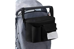 AUSYIWI Kinderwagen Organizer mit Getränkehalter/Feuchttuchspender, Kinderwagentasche, Buggy Organizer Taschen mit Reißverschlusstasche, Schultergurten Reisetaschen für Windeln,Tücher,Handys, Schwarz
