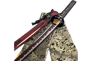 TSIAO CHIH 40 Inch Hand Forged Japanese Samurai Sword Full Tang 1060 Carbon Steel Iron Tsuba Forged Folded Red Damascus Steel Real Katana Sword