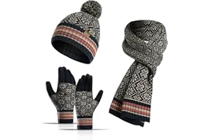 INSISMY Hat Scarf Gloves Set Women's Beanie Hat Long Scarf Thermal Touch Screen Gloves Set 3 PCS Soft Warm Winter Knitted Snowflake Pattern Retro Pom Cap Set for Ladies Men