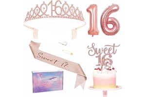 ZSYIULIA Rose Gold 16th Birthday Decorations for Girl - Tiara, Sash, Balloons, Candles, Cake Topper, Pearl Pin - 6 Count