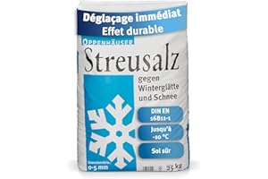 OPPENHÄUSER Sel de déneigement 25kg : efficacité immédiate et durable, DIN EN 16811-1, sel d épandage contre le verglas, pour trottoirs, allées et parkings, granulométrie M, qualité premium