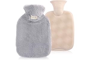 OLD TJIKKO Wärmflasche mit weichem Deckel, mit Känguru, Fußwärmer, Geschenk für Frauen Mutter Vater ，Naturkautschuk + Flauschige Bettflasche (Grau) (Hellgrau)