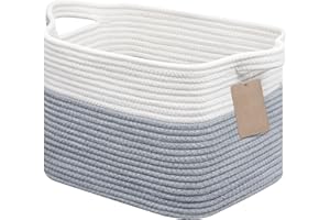 JOJOSEE Small Woven Storage Basket, Cotton Rope Basket for Shelves, Square Shelf Baskets for Home Bathroom Closet Organizer 33x25x22.5cm (White&Grey)