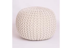 ROSELEY Round Chunky Knitted Pouffe Footstool Braided Cotton Ottoman Resting Feet 50cm Comfy Filled Bean Seat 50cm Light Foot Stool Living Room Decor Firm Support For Children Elderly [Cream]