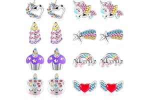 YAOMIAO 8 Paia di Orecchini a Bottone in Argento con Unicorno Orecchini in Argento con Torta Arcobaleno Orecchini a Unicorno in Acciaio Inox