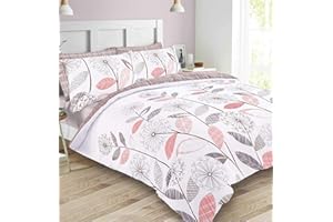Dreamscene Single Duvet Cover Set Blush Pink Grey Floral Check, Bedding Single Bed Set