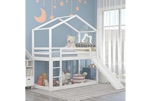 ‎FEZTOY FEZTOY Baumhaus Etagenbett 90 x 200 cm, Kinderbett mit Rutsche, Hochbett mit 1 Lattenrost und Leiter, Kinderbettrahmen, für Jungen und Mädchen, Nein Matratze(Etagenbett mit Rutsche)