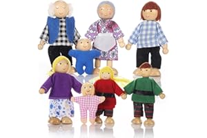 Jzszera Wooden Family Dolls of 8 People for Dolls House, Small Figures Toys for Kids Girls Children Gift