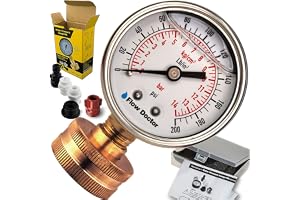 Flow Doctor Water Pressure Glycerin Filled Gauge Kit, All Purpose, 6 Parts Kit, 0 To 200 Psi, Standard 3/4" Female Garden Hose Thread Plus 5 Adapters To Test in Multiple Locations Indoors and Outdoors