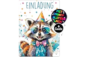 CALLUNA PRODUKTE MIT HERZ CALLUNA® Waschbär GLITZER Einladungskarten Kindergeburtstag Mädchen & Junge – 12 Stück – Witzige Waschbär Geburtstag Einladungen mit buntem Glitzerlack – Einladung für Kinder & Teenager (ohne Hüllen)