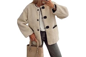 sujinxiu Women’s Sherpa Fleece Jackets Collarless Button Down Sherpa Fleece Jacket Fall Winter Casual Long Sleeve Outwear Coat With Pockets
