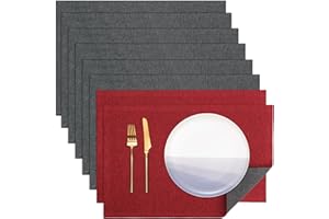 Banchif Manteles Individuales Lavables Juego de 8 Manteles Individuales de Lino Antideslizantes Manteles Individuales de Doble Cara (Rectangular, Gris-Rojo)
