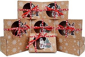 KEYIDO AWCIGG 12 szt. Świąteczne pudełka na prezenty Świąteczne pudełko na ciasto z okienkiem Pusty karton na ciasteczka Jedzenie Słodkie ciastka z papierem olejnym i wstążkami Christmas Gift Boxes