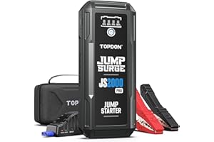 TOPDON JS2000 Booster de Batterie Voiture 2000Amp 16000mAh, Jump Starter pour Les Autos jusqu'à 8L Diesel et 6L, démarreur de Voiture 12V avec LED, Charge Rapide USB pour Les appareils électriques.
