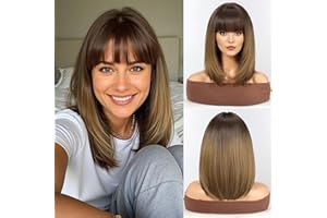 WOKESTAR Staright Wig with Fringe Synthetic Mid-length Layered Wigs for Women Ombre Brown Color