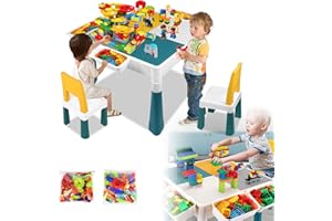 LARS360 6 in 1 Kindertisch mit Stuhl Aktivitätstisch mit Aufbewahrungsbox Multifunktionaler Bausteintisch mit doppelseitiger Tischplatte Bausteintisch (Mit 162 Blöcken)