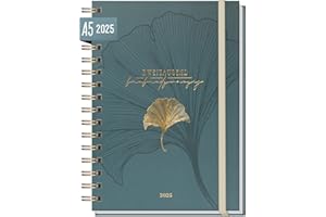 ‎HÄFFT Häfft® Lieblings-Timer Kalender 2025 A5 "Blue Ginkgo" Hardcover Terminplaner, Spiralkalender, Terminkalender, Wochenplaner, Ringbuch Planner - nachhaltig & klimafreundlich