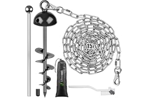 LIFESWELL Dog Tie Out Chains and Stake, 15ft Chew Proof Stainless Steel Dog Chains for Outside, 15" Heavy Duty Dog Anchor for Dogs Up to 125lbs, Fully Welded, No Tangle, Ideal for Yard and Camping