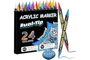 CNMTCCO Lot de 24 marqueurs acryliques imperméables pour pierres - 0,5 à 5 mm - Double pointe (pointe fine et pinceau) - Multimarqueur acrylique pour peinture, papier, roche, bois, œuf, toile