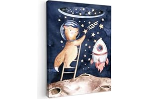 MuchoWow© Cuadros Decorativos Modernos para Sala 60x80 cm Lienzos Decoracion Pared Salon Quadros Decoração Dormitorios Espacio - Cohete - Zorro - Niños - Niñas - Niño