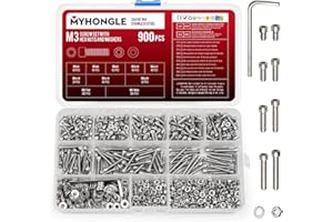 MYHONGLE 900 Stück M3 Schrauben Set, Edelstahl Zylinderschrauben mit Innensechskant Schrauben Muttern Set mit Unterlegscheiben Set, Sechskantschrauben Maschinenschrauben Sortiment, Gewindeschrauben Set