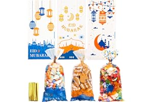 GWHOLE 90 Stück Ramadan Tüten zum Befüllen Eid Mubarak Tüten Cellophantüten Ramadan Deko Ramadan Geschenktüten Geschenke Tüten Zellophanbeutel mit 90 Twist Krawatten für Kekse Bonbons Geschenke