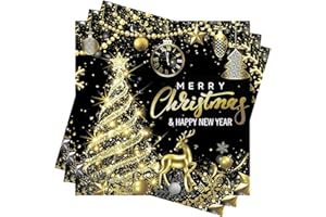 ‎XUNERLOY Weihnachtsservietten Schwarz Gold Silvester Servietten, 40 Stück Gold Rentier Weihnachtenbäume Motiv Weihnachten Servietten Happy New Year Neujahr Papierservietten Tischdeko