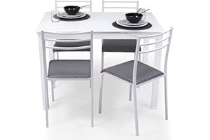 Homely® - Conjunto de cocina con mesa y 4 sillas PARIS WHITE, mesa de cocina extensible de 110/140/170x70 cm y 4 sillas de cocina, color blanco y asiento gris. Conjunto para cocina práctico y duradero