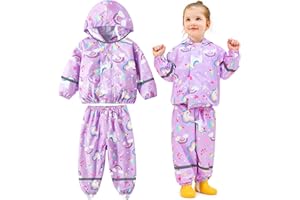 Baogaier Tuta Impermeabile Ragazze, Leggero Antipioggia Giacca & Pantaloni Impermeabili con Riflettenti 2 Pezzi Set, Bambini Fodera in Rete Pioggia Completo Abbigliamento per Bambina 1-7 anni