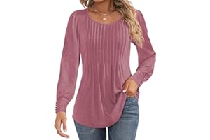 Cuptacc Tee Shirt Manche Longue Femme Col Rond Plissé Puff Sleeve Pull Femme Boutonnés Elegant