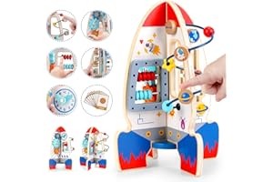 Gleamkid Raketenspielzeug motorikwürfel ab 1 Jahr，Baby holzspielzeug，Montessori-motorikwürfel, 6-in-1 Lernspielzeug mit Perlenlabyrinth, Abakus, 1jährige Baby Activity würfel