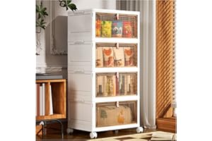 PurKeep Storage Boxes with Lid - 28L*4 Tier Plastic Storage Box with Lid, Stackable Boxes with Wheels, S torage Drawers with Front Door, Plastic Box for Home and Office, White, 4 Packs