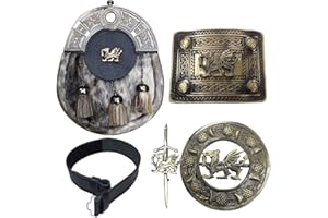 House of Highland 77 Ensemble de 5 épingles à kilt avec boucle Kilts écossais Sporran avec badge style dragon gallois
