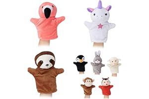 Relaxdays marionnettes pour Enfants, Lot de 8 Animaux, Singe, Licorne, Paresseux, Flamant, poupées, Peluche, colorés ,, 8er Set Tiere