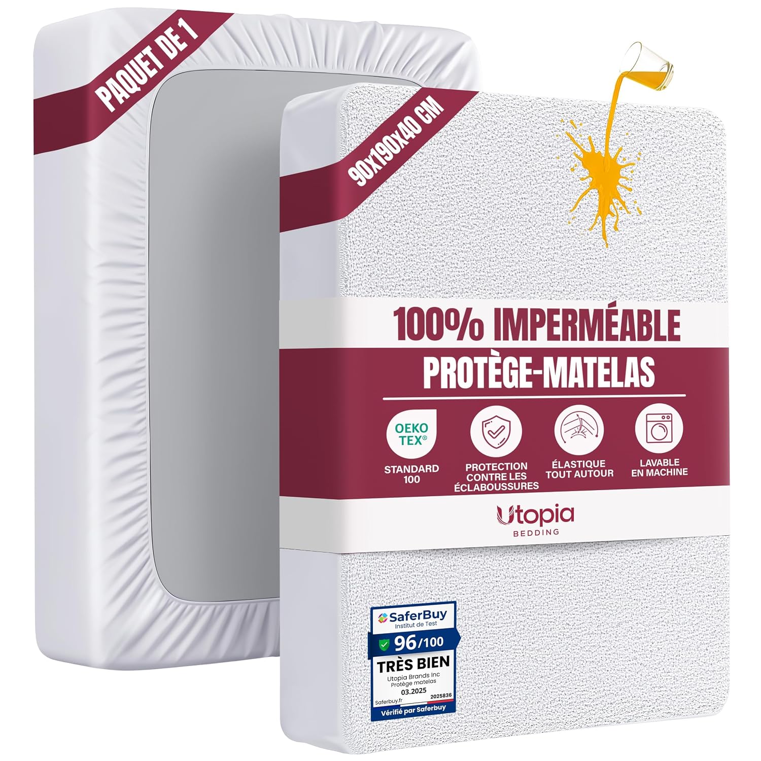 Utopia Bedding Protector Colchón 90 x 190 x 40 cm Impermeable, Certificación Oeko-Tex Funda Colchón, Cubre Colchón Transpirable, Elástico En Todo El Contorno
