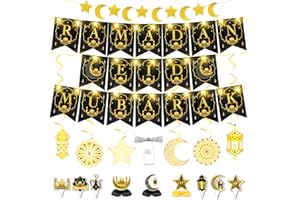 FFZZKJ Ramadan Deko Set Eid Mubarak Dekoration Banner mit 3M 30 LED Lichterkette, Ramadan Mubarak Banner Islam deko, Hängespirale, Mondsichel & Stern Banner für Zuhause Muslim Ramadan Eid Party