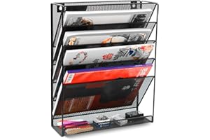 ESYLIFE Wall File Holder Organiser 6 Tier Mesh Wall Mounted Document Paper Magazine Storage Rack in Tray, Black
