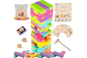 SEMKOTREE Wackelturm aus Holz Gefärbt Stapelspiel Stapelturm Holz Brettspiel Pädagogisches Kinderspiel ab 3 Jahre, 51 Bausteine Holz Strafkarten Holzspielzeug für Mädchen und Jungs