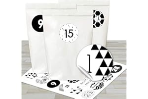 ‎PAPIERDRACHEN Adventskalender Set - 24 weiße Papiertüten und 24 schwarz-weiße Zahlenaufkleber - zum basteln und zum selbstbefüllen