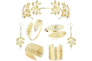 ADRAMATA 7 Pezzi Dea Greca Costume Accessori Set per Donna Bracciale con Polsino a Corona in Foglia d'oro Orecchini con Perle Gioielli da Sposa, Halloween Festa Gioielli