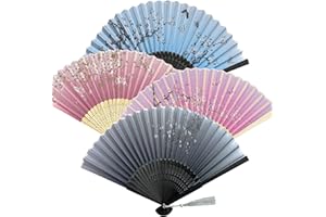 YOLONCE 4 Pièces Éventail Pliants Portatif,Ventilateurs Pliables en Bambou avec Gland,Éventails Pliants pour Cadeaux Décoration Murale Fête de Mariage