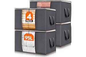 Lifewit 95L Clothes Storage Bags Large Storage Box With Lid Packing Boxes for Moving House With Reinforced Handle Thick Fabric Clear Window for Clothes Duvet Blankets Bedding, 4 Pack, Grey