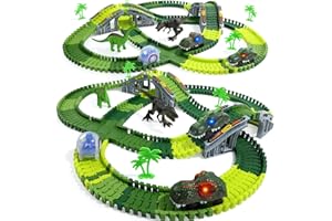 EagleStone Dinosaur Race Track Set for Kids – 233 PCS Flexible Race Tracks,2 Electric Dino Cars with Light, 2 Dino Figures,Christmas Birthday Gift for 3-8 Year Old Boys and Girls