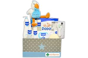 Mirifarma Canastilla Bebé Supreme (Azul) para regalo. Con: Caja Multiusos, Peluche Cigüeña Azul. Toallitas, Crema, Gel, Colonia, Esponja, Champú, Cepillo Y Peine, Hidratante, Pañales.