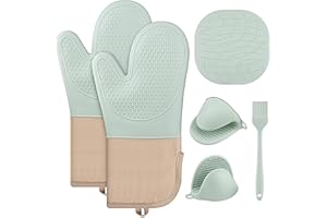 Hisdricus Set de 6 Guantes para Horno, Manoplas de Silicona para Cocina, Manoplas Cocina Resistentes al Calor, Antideslizantes, Guantes de Cocina para Cocinar, Hornear y Asar a la Parrilla (Verde)