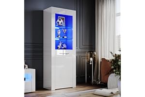 ELEGANT White Gloss Sideboards Cupboard Tall Display Cabinet Unit with LED Lights, 5-Tier Shelves Bookcase Furniture for Living Room Bedroom, H165xW60xD35cm