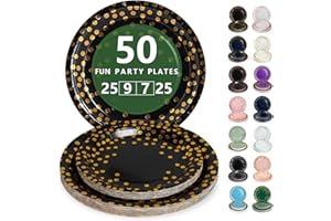 Nkaiso Assiette Jetable Anniversaire, 50 Pièces Noir Or Vaisselle en carton - 25 Assiettes Plateaux 23cm & 25 Assiettes Dessert 18cm - Pour Mariage, Anniversaire & Événements
